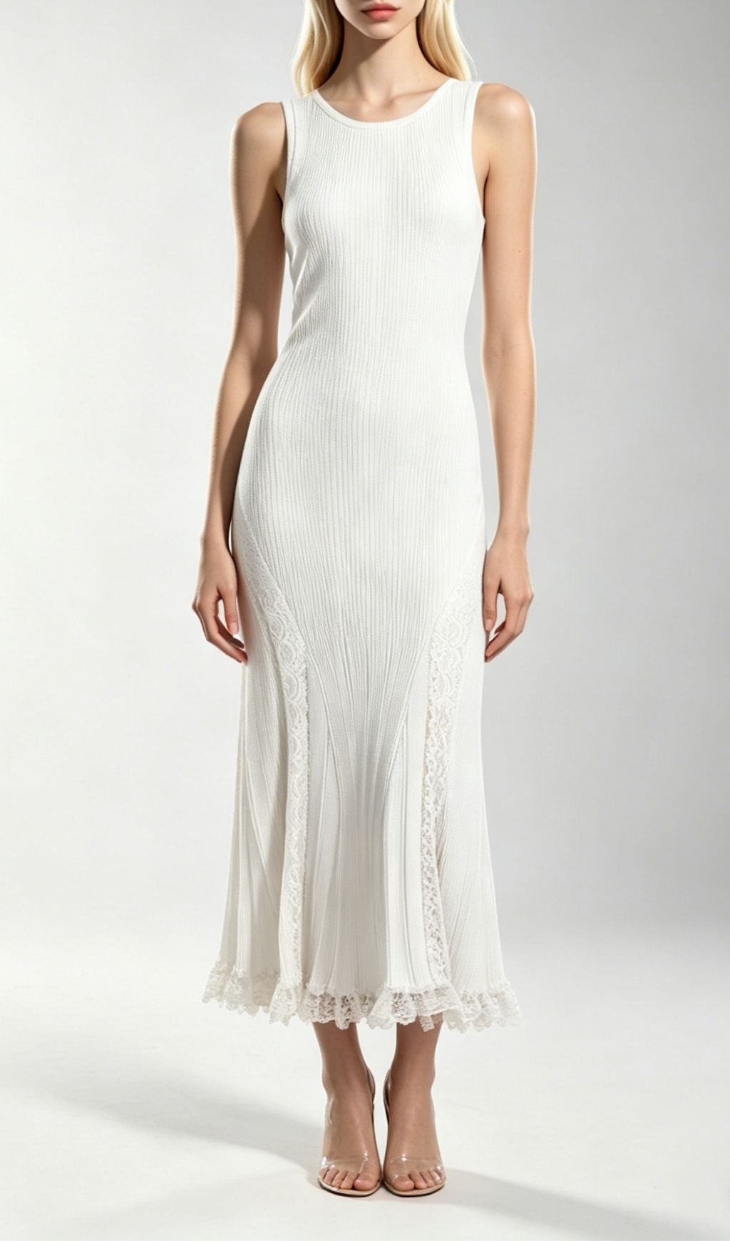 Kinzy White Sleeveless Lace Midi Dress