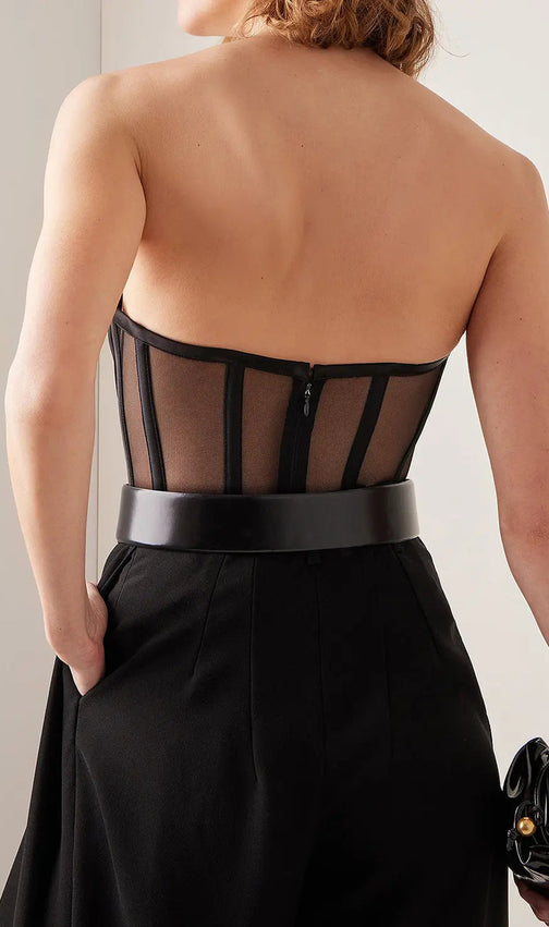 Black Mesh Lace Fishbone Chest Tub Bodysuit