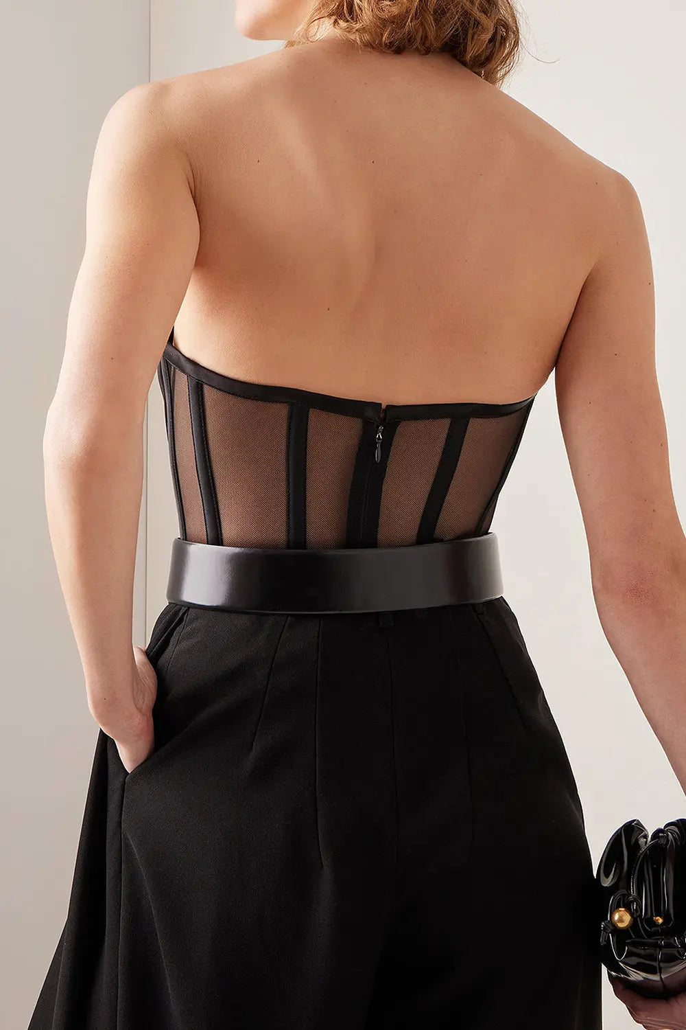 Black Mesh Lace Fishbone Chest Tub Bodysuit