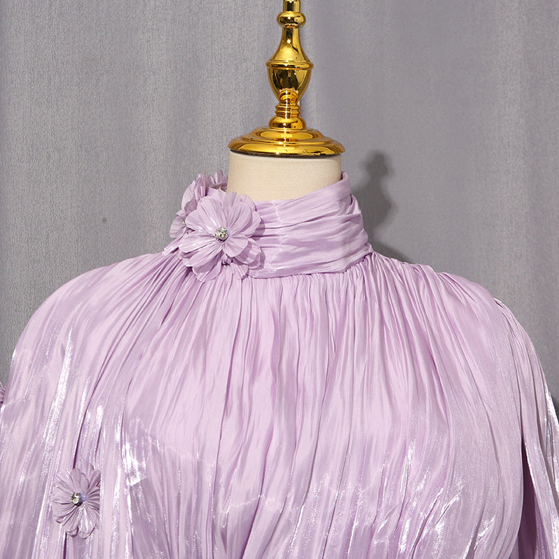 Irfan Opulent Bloom Pleated Satin Midi Dress with 3D Floral Cape