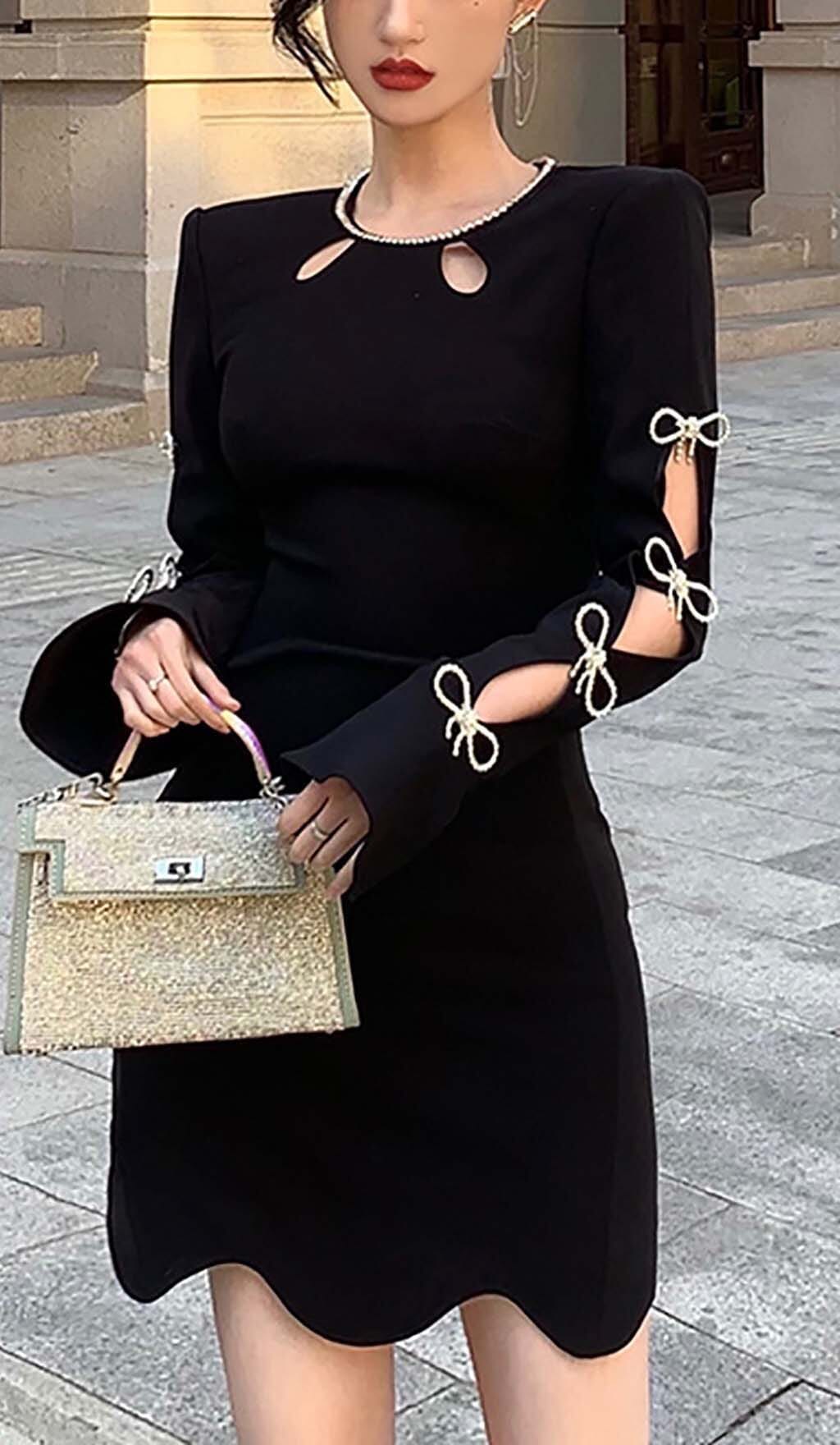 Rhinestone Bow-Embellished Mini Dress In Black