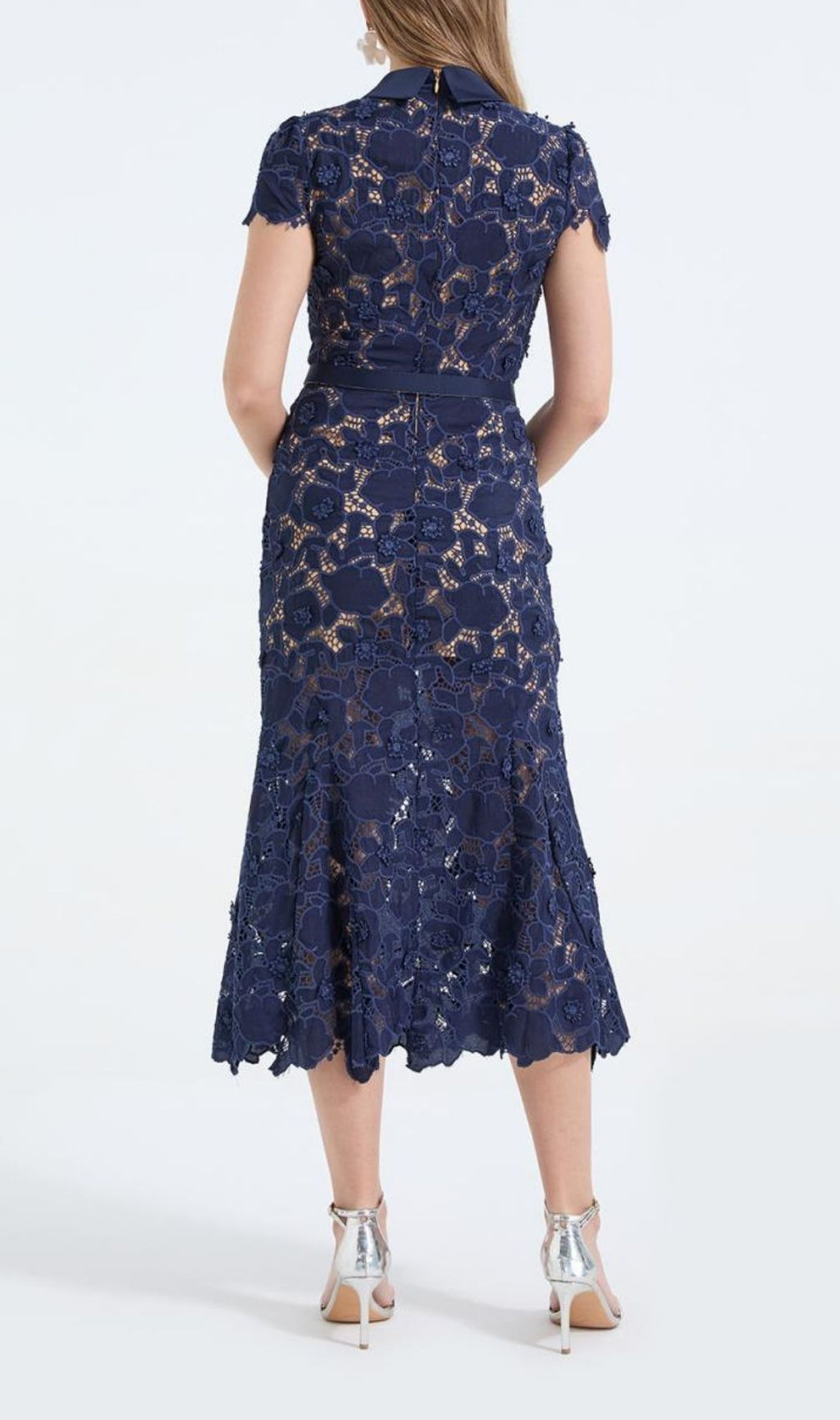 Kennita Elegant Navy Lace Midi Dress | Chic Floral Occasion Wear