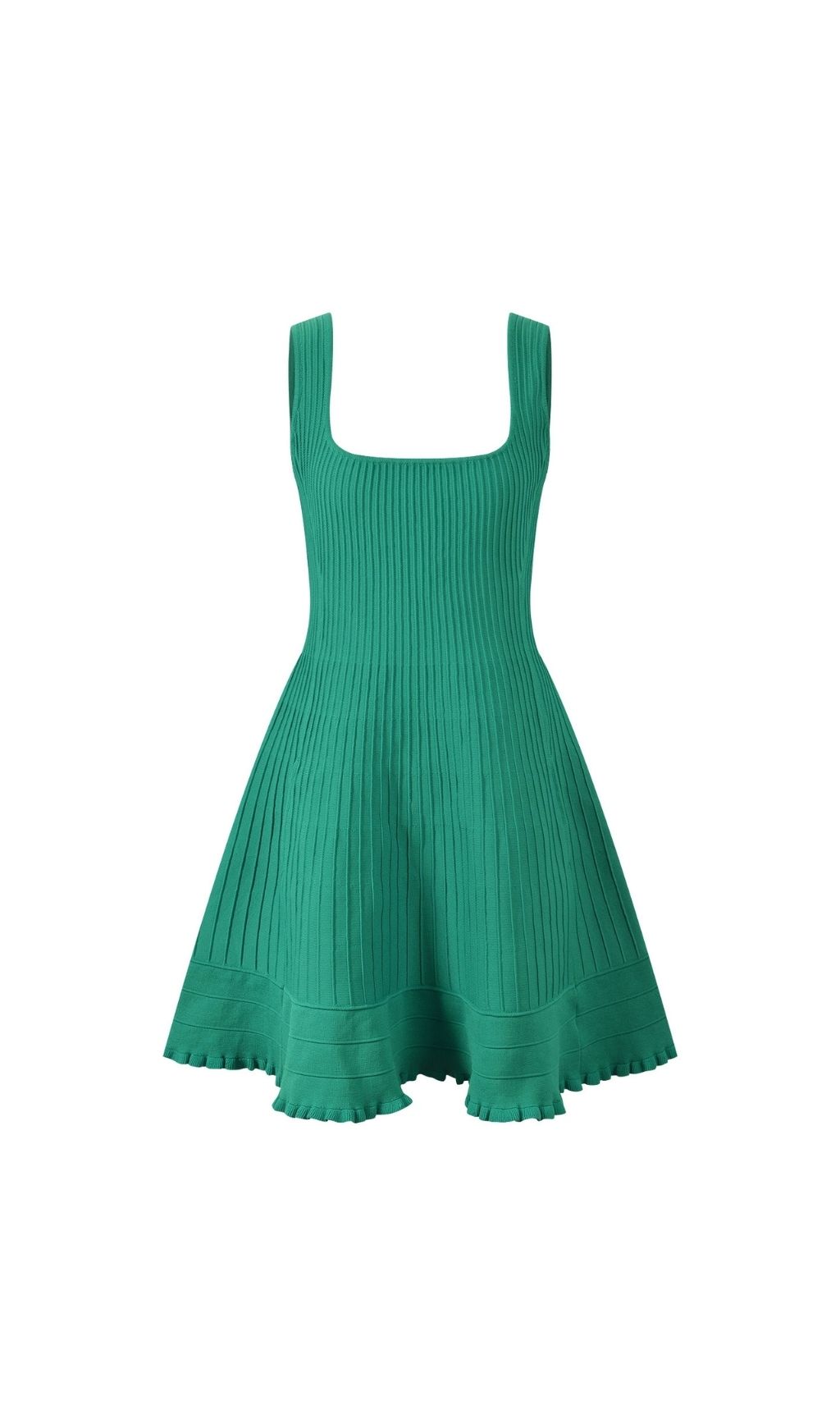Emerald Green Ribbed Knit Mini Dress | Square Neck & Pockets