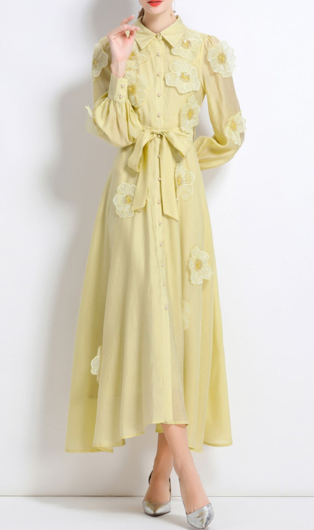 Holly Yellow Flower Long Sleeve Midi Dress