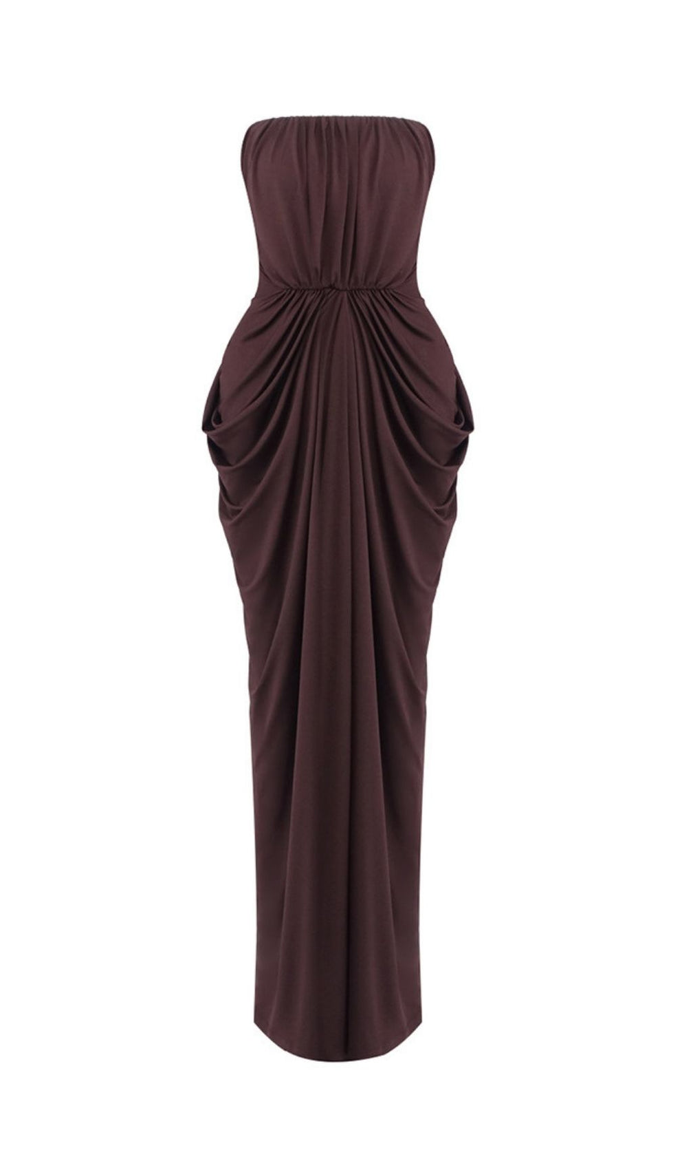 Katrice Luxe Coffee Strapless Ruched Maxi Dress | Elegant Evening Gown