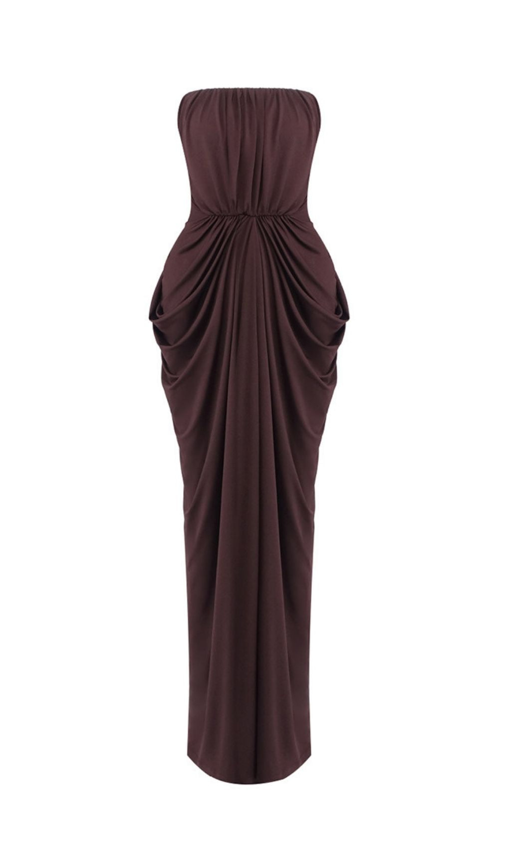 Katrice Luxe Coffee Strapless Ruched Maxi Dress | Elegant Evening Gown
