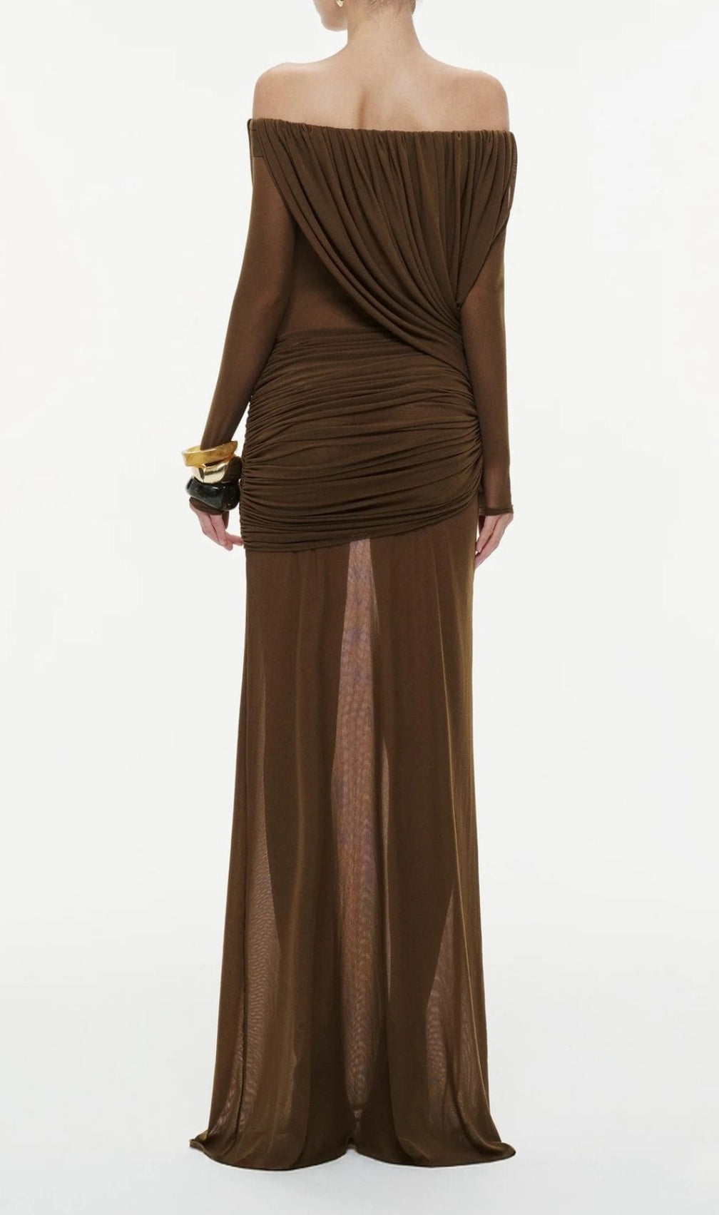Kalinda Brown Draped Mesh Off-Shoulder Maxi Dress | Elegant Sheer Gown