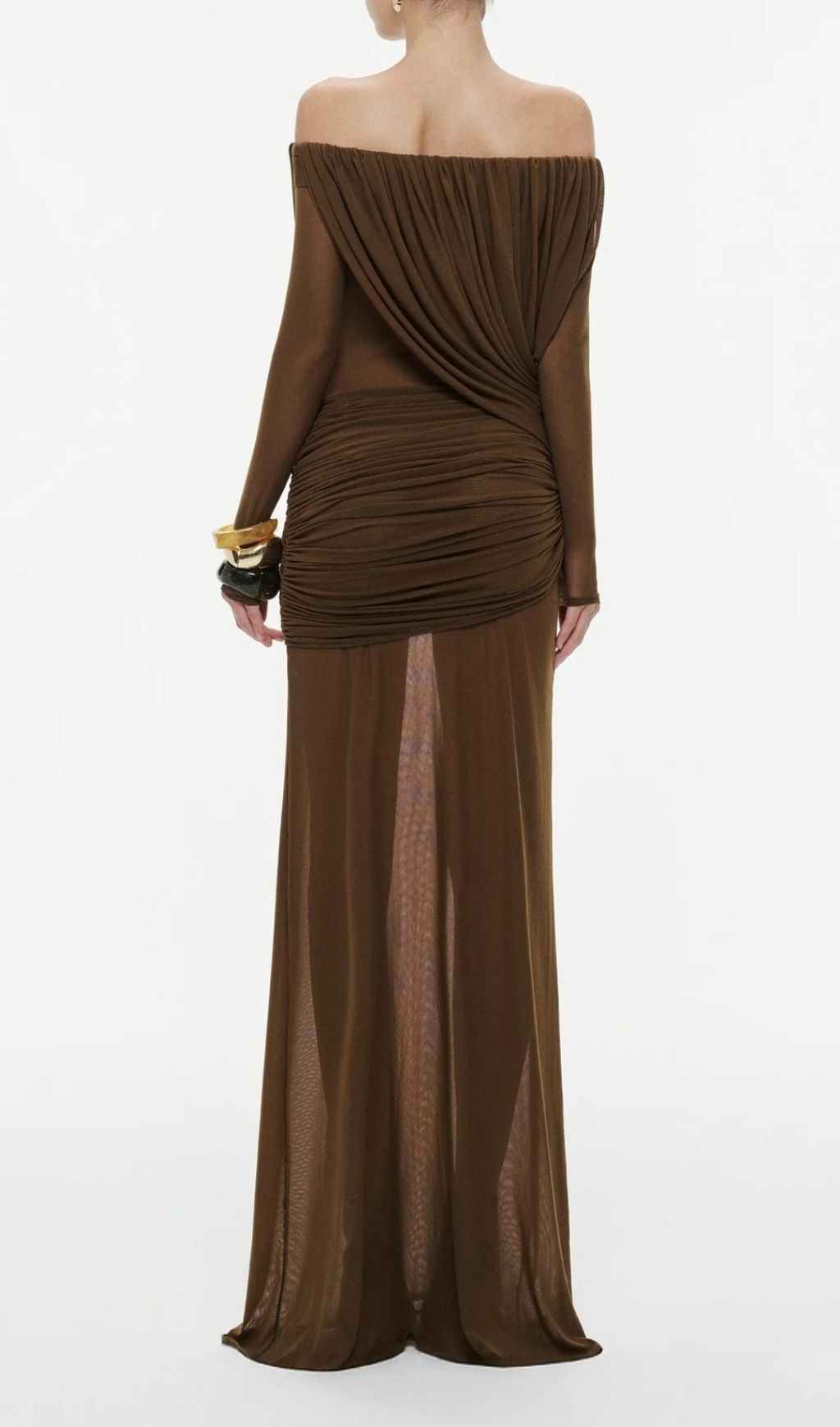 Kalinda Brown Draped Mesh Off-Shoulder Maxi Dress | Elegant Sheer Gown