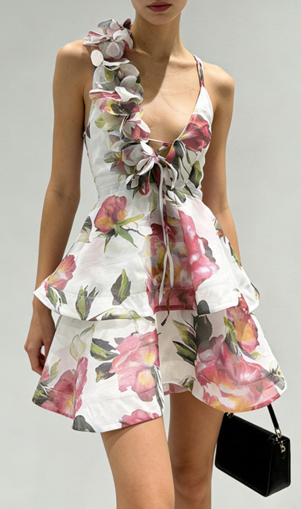 The Jadey: Vibrant Floral Tiered Mini Dress with Asymmetrical Petal Strap