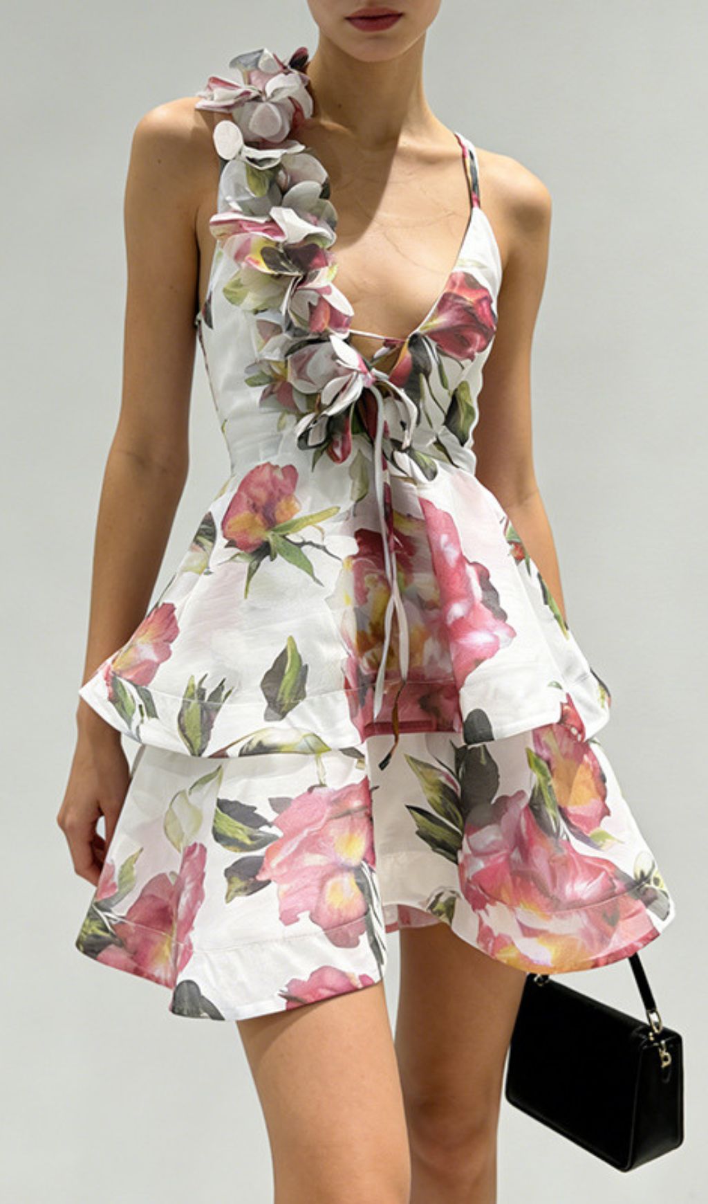 The Jadey: Vibrant Floral Tiered Mini Dress with Asymmetrical Petal Strap