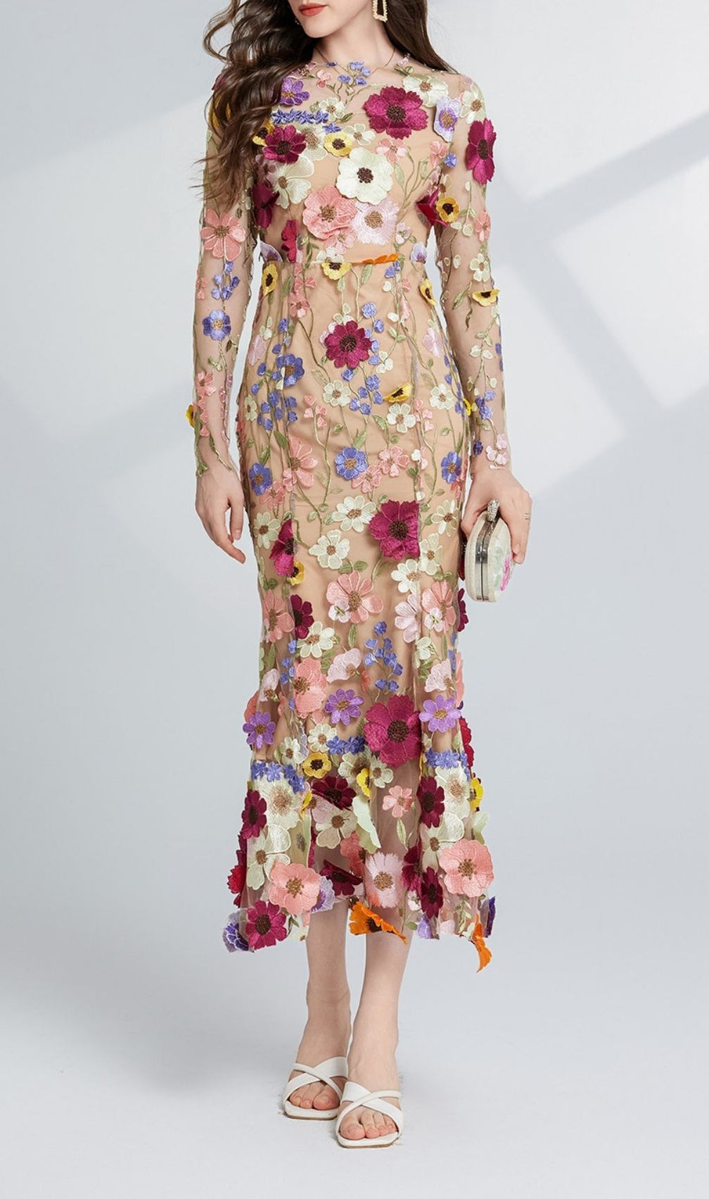 Carol Floral Embroidery Mesh Fishtail Long Sleeve Midi Dress