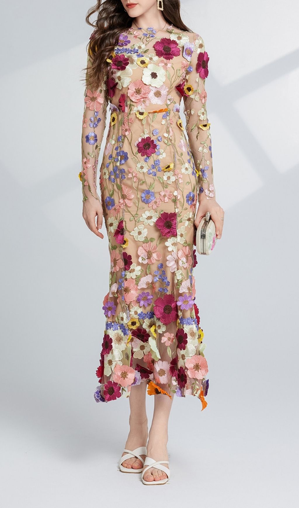 Carol Floral Embroidery Mesh Fishtail Long Sleeve Midi Dress