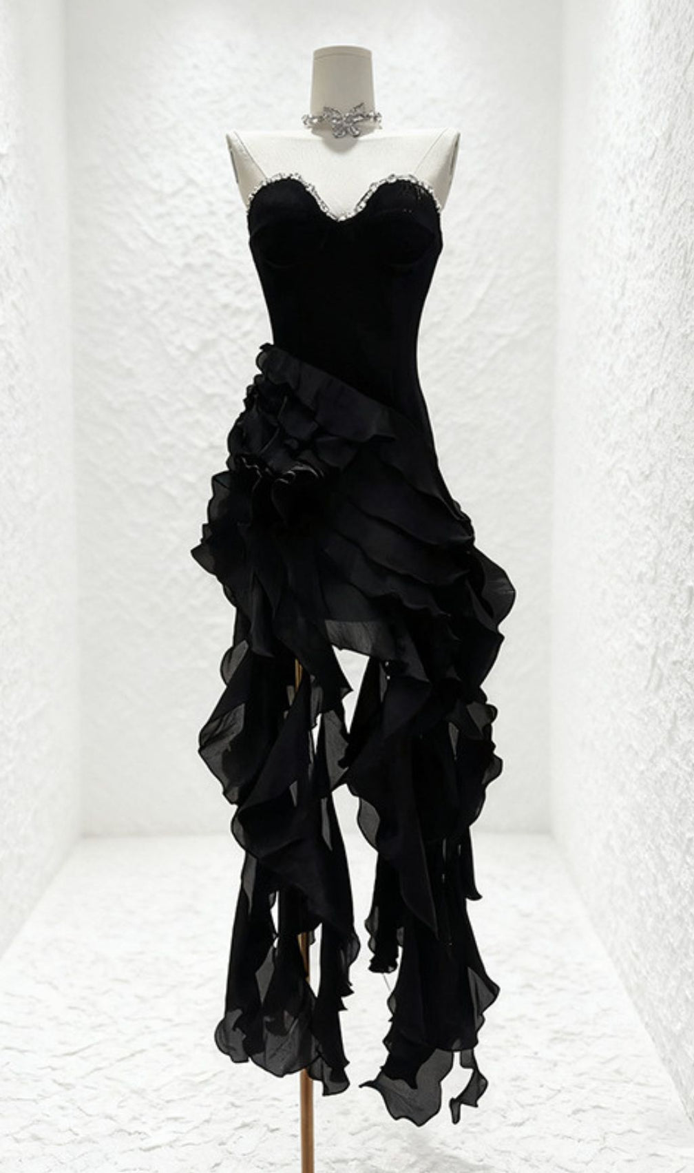 Hova Ruby Red Strapless Ruffle Maxi Gown - Dazzling Velvet & Chiffon