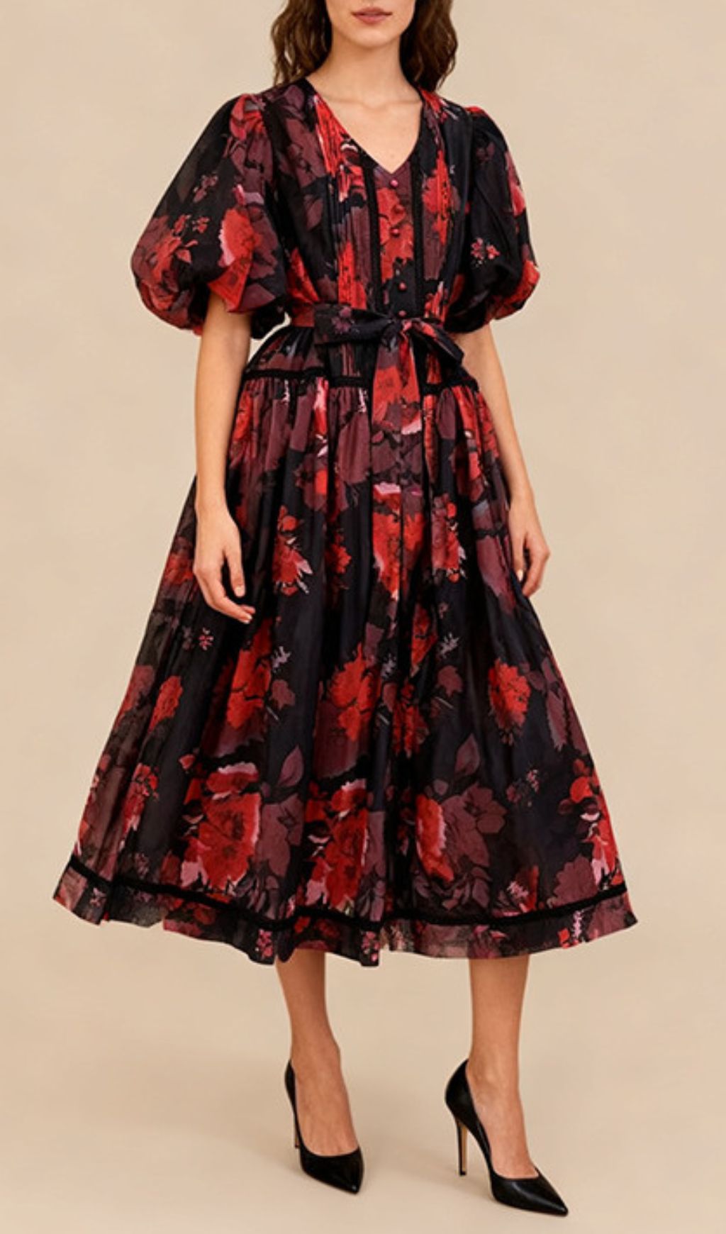 Indah Vibrant Floral Puff-Sleeve Midi Dress – Green & Black Print