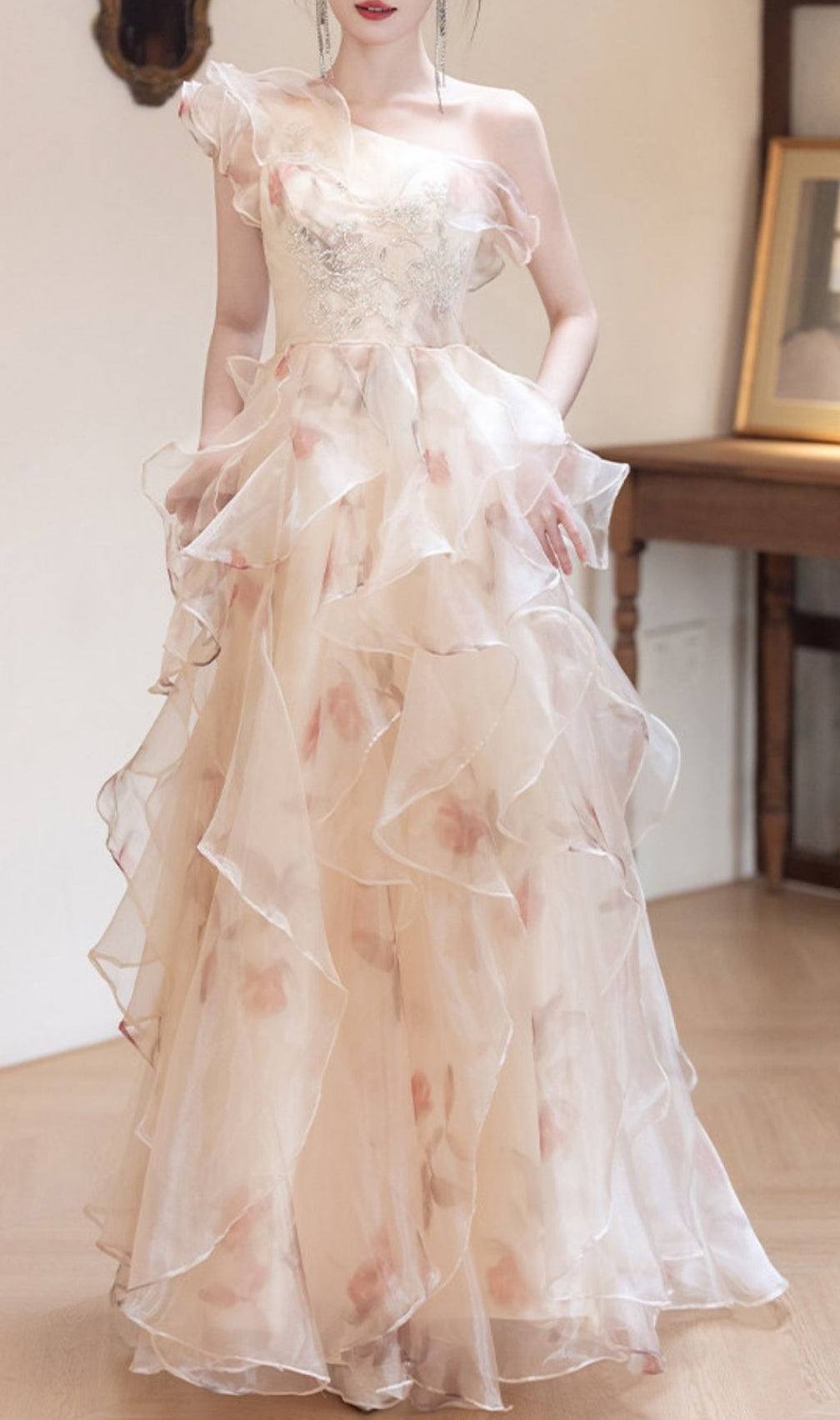 Keelty Opulent One-Shoulder Ruffle Maxi Gown - Enchanting Floral Elegance