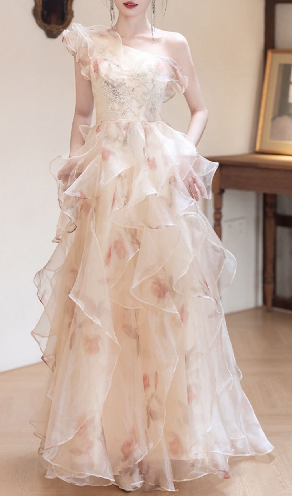 Keelty Opulent One-Shoulder Ruffle Maxi Gown - Enchanting Floral Elegance