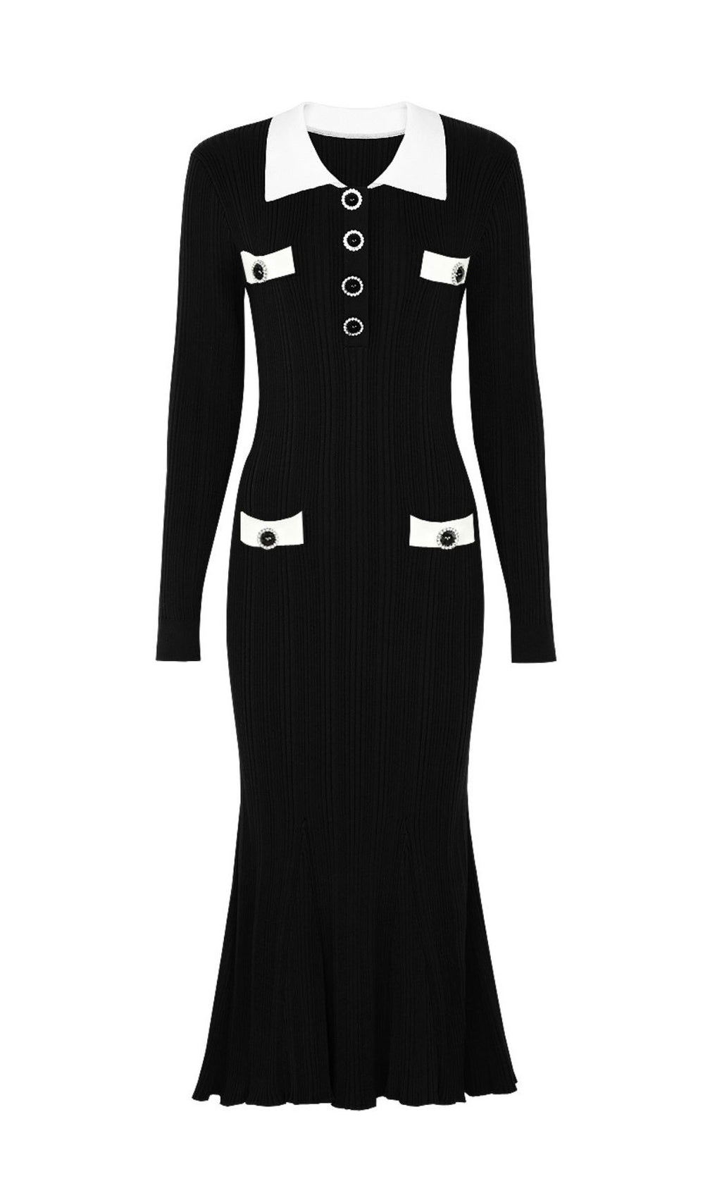 Javier Ribbed Knit Midi Dress - Long Sleeve, Contrast Collar & Burgundy Hue