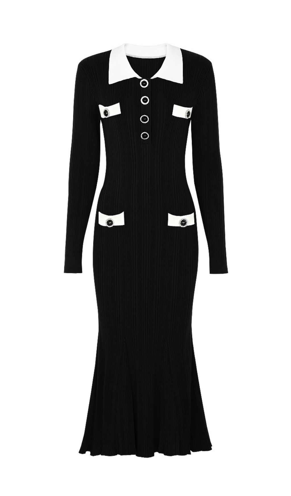 Javier Ribbed Knit Midi Dress - Long Sleeve, Contrast Collar & Burgundy Hue