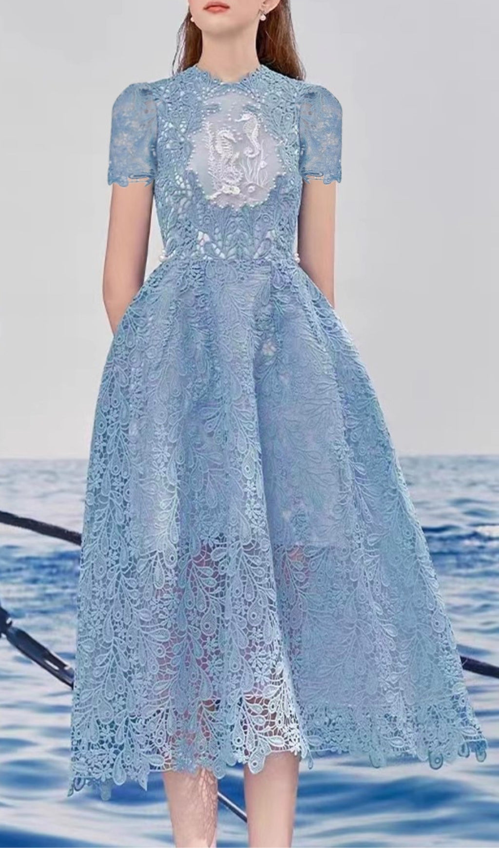 Arafa Blue Embroidery Midi Dress