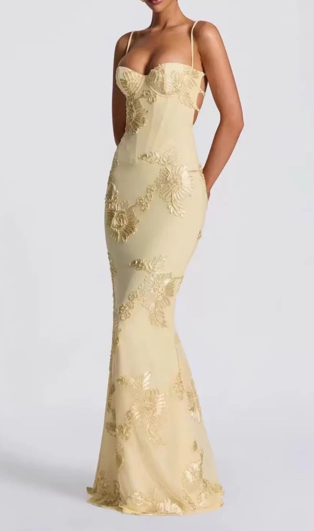 Jaleh Champagne Floral Embroidered Backless Maxi Gown