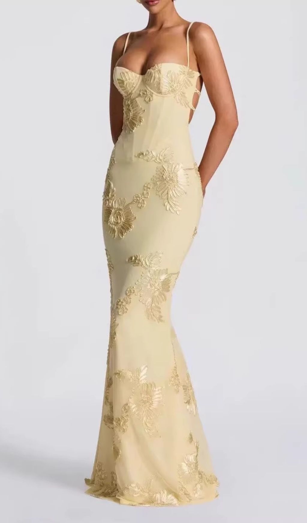 Jaleh Champagne Floral Embroidered Backless Maxi Gown