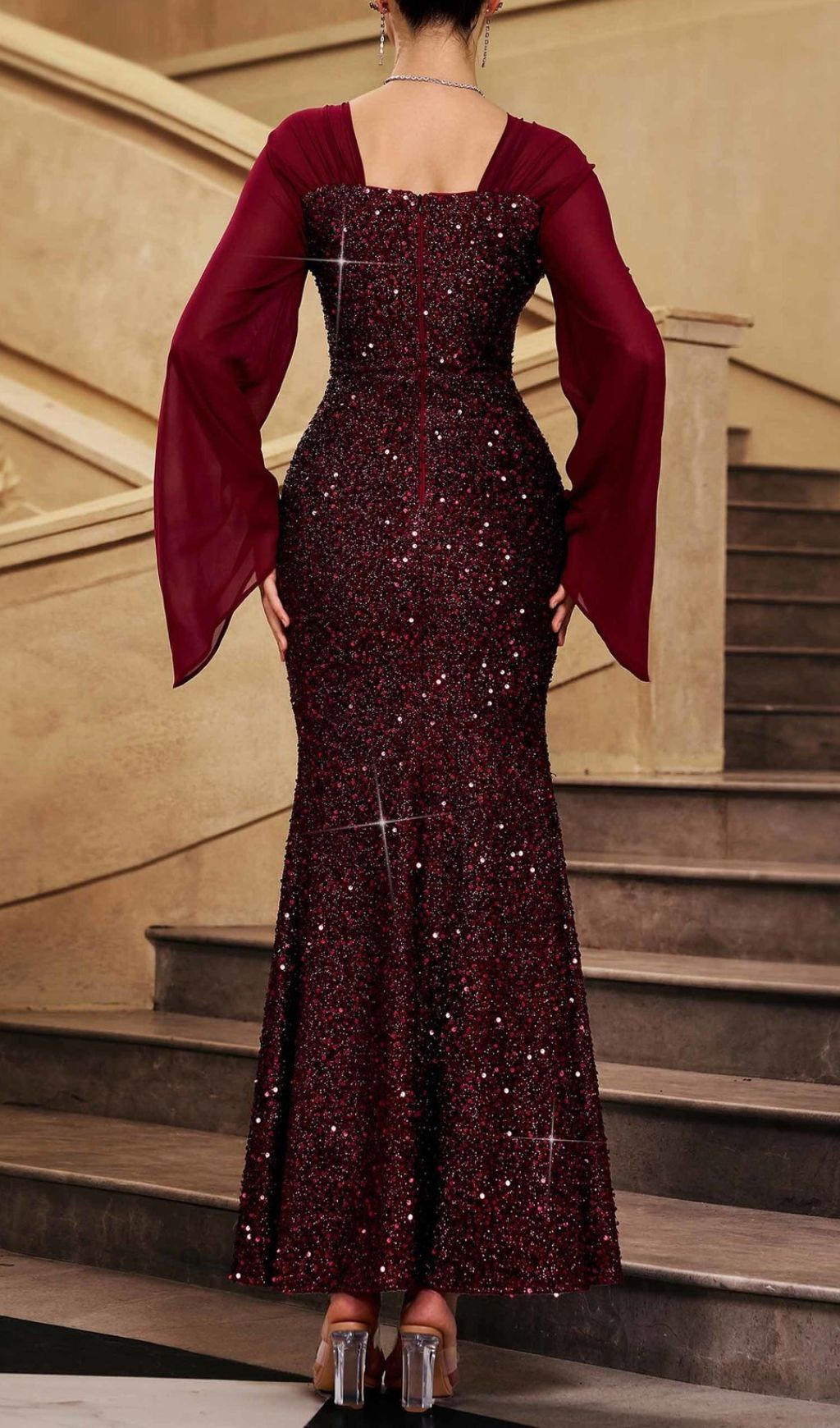 Honovi Dazzling Wine Sequin Long Sleeve Maxi Dress - Elegant Formal Gown