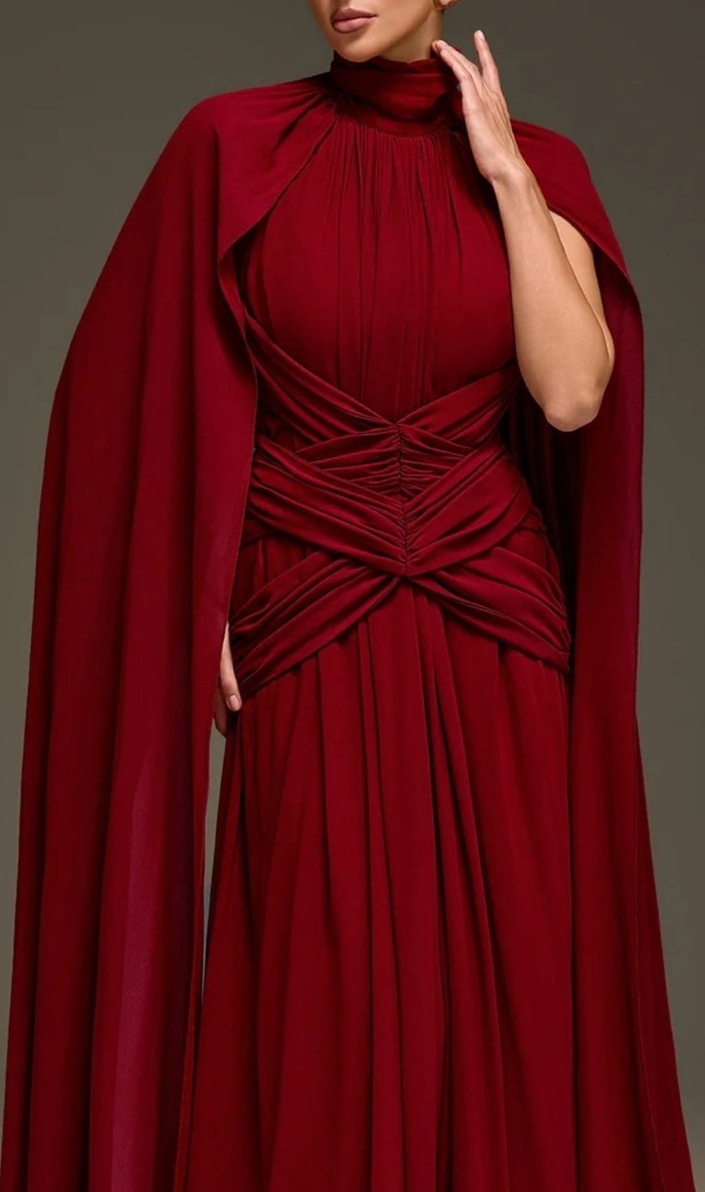 Evarix Glamorous Burgundy Cape Sleeve Maxi Gown