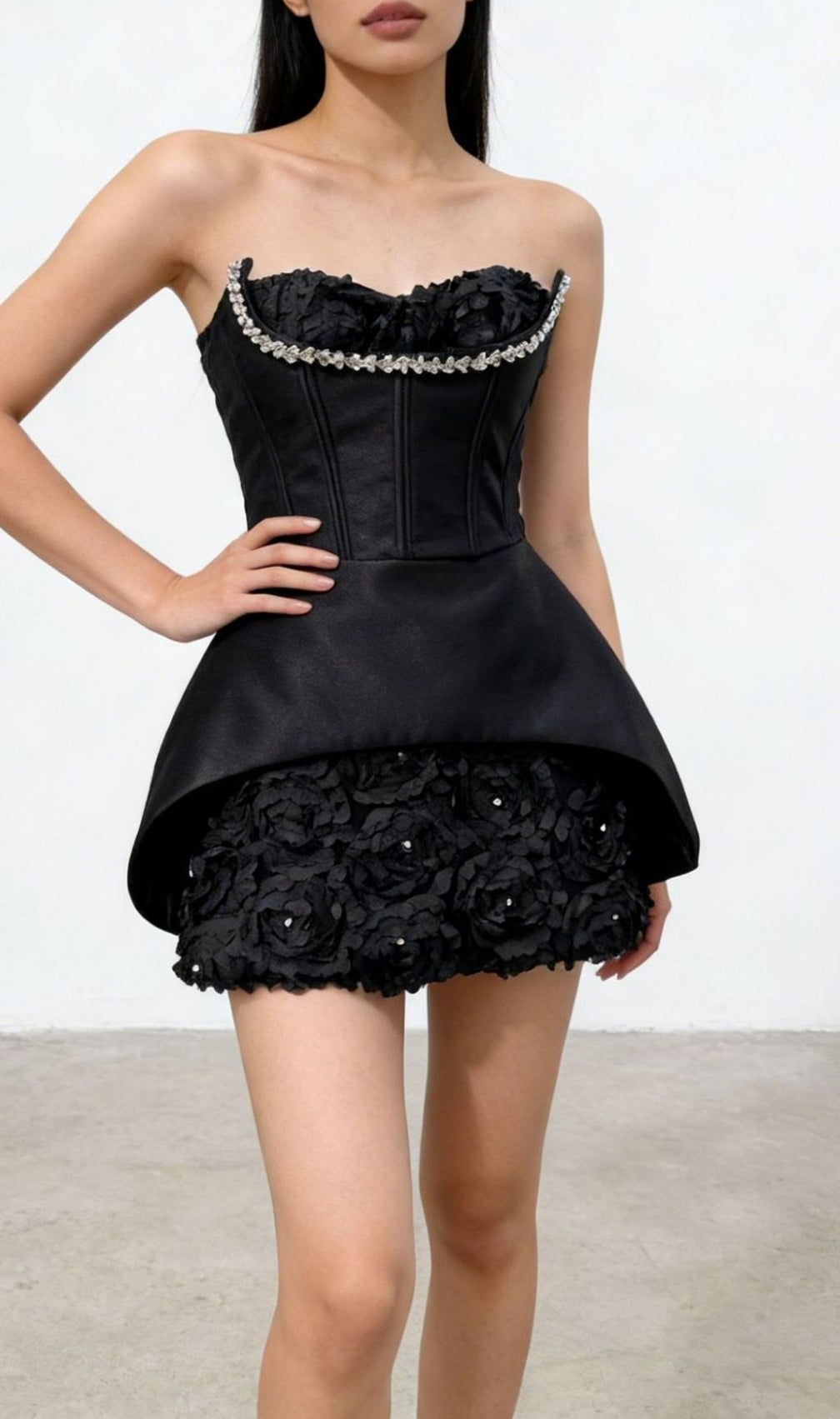 Kesley Strapless Black Floral Corset Mini Dress | Elegant Party & Cocktail Attire
