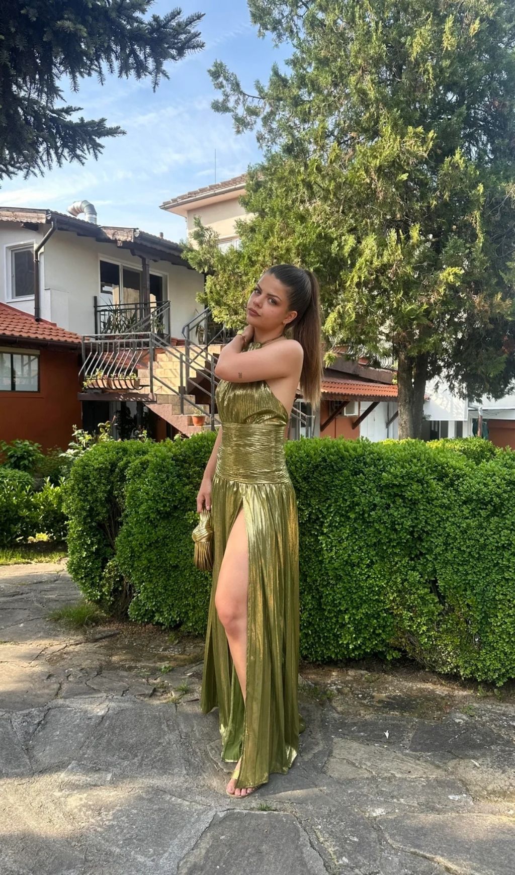 Syriona Halterneck Split Pleated Metallic Maxi Dress In Green