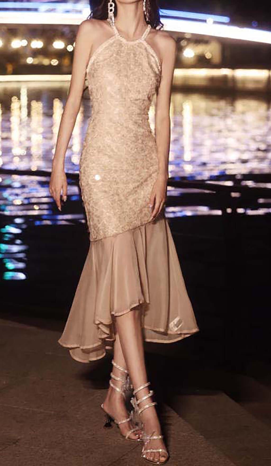 Rhinestone Mermaid Midi Dress In Khaki