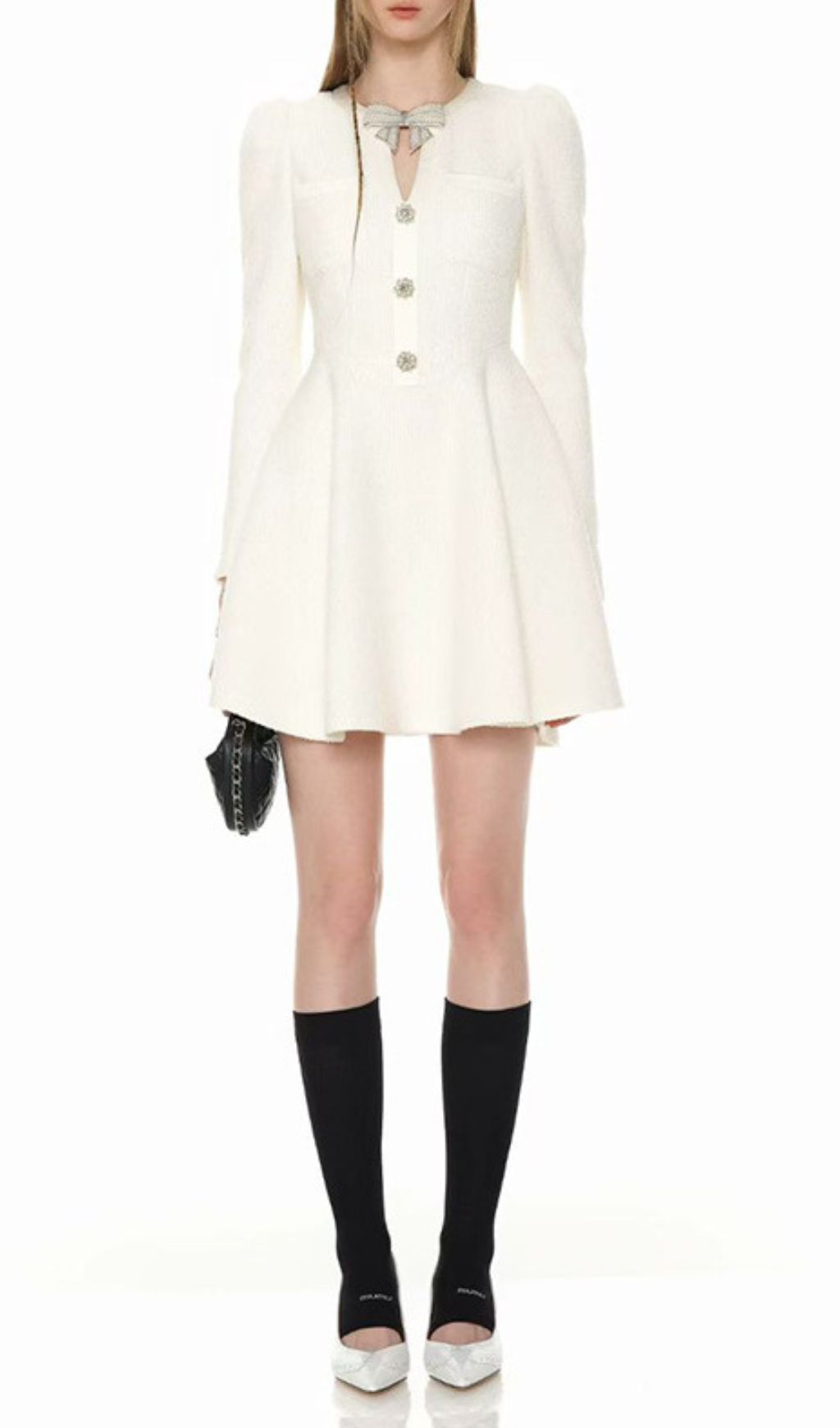 Elegant White Tweed Bow Mini Dress | Long Sleeve Fit & Flare