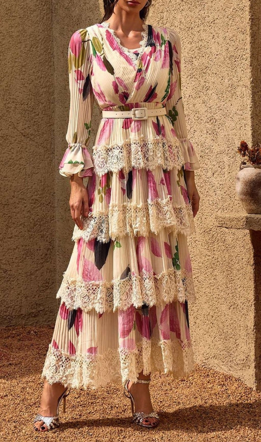 Charleen Elegant Floral Pleated Lace Tiered Maxi Dress | V-Neck & Belt