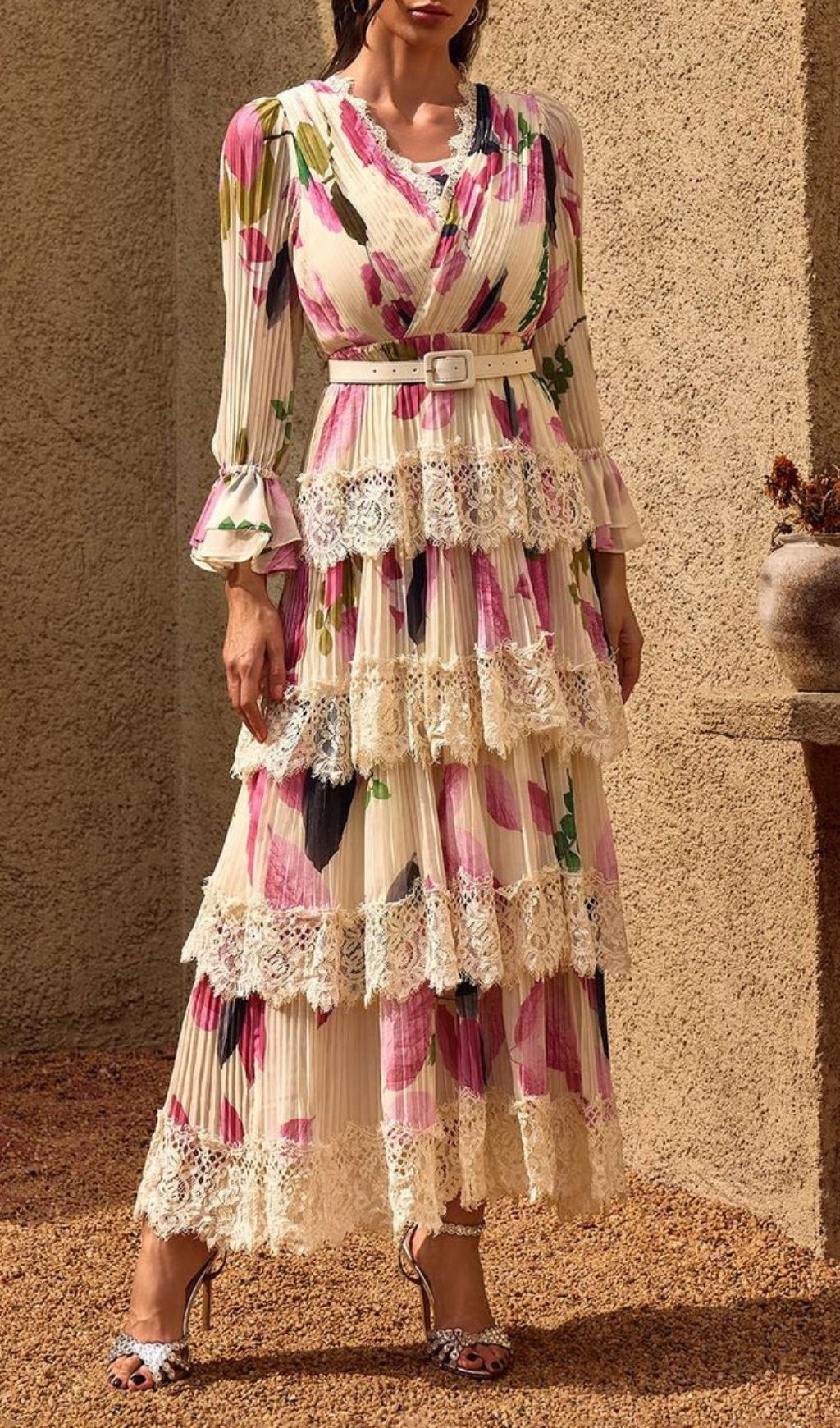 Charleen Elegant Floral Pleated Lace Tiered Maxi Dress | V-Neck & Belt