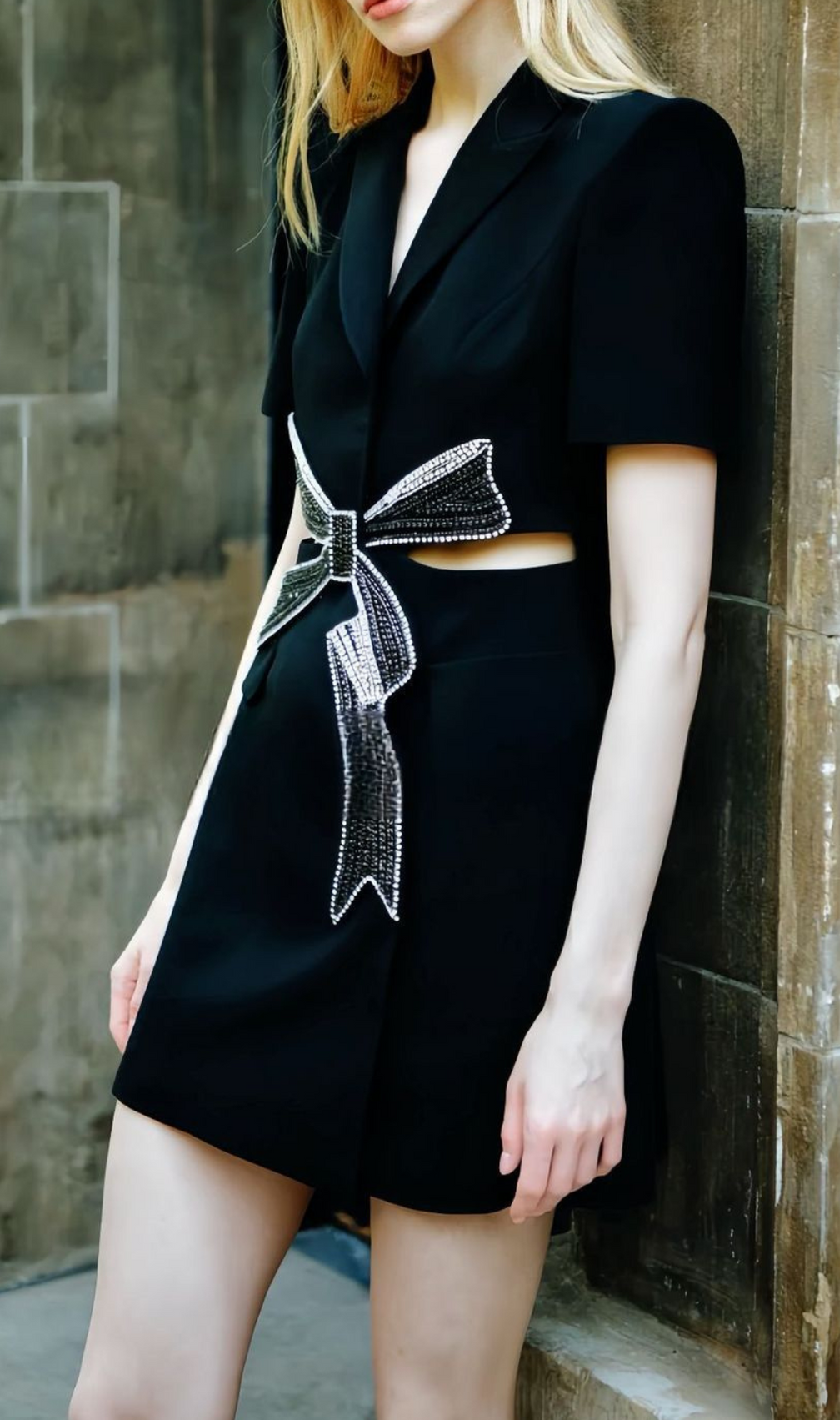 Farida Black Diamante Bow Mini Blazer Dress