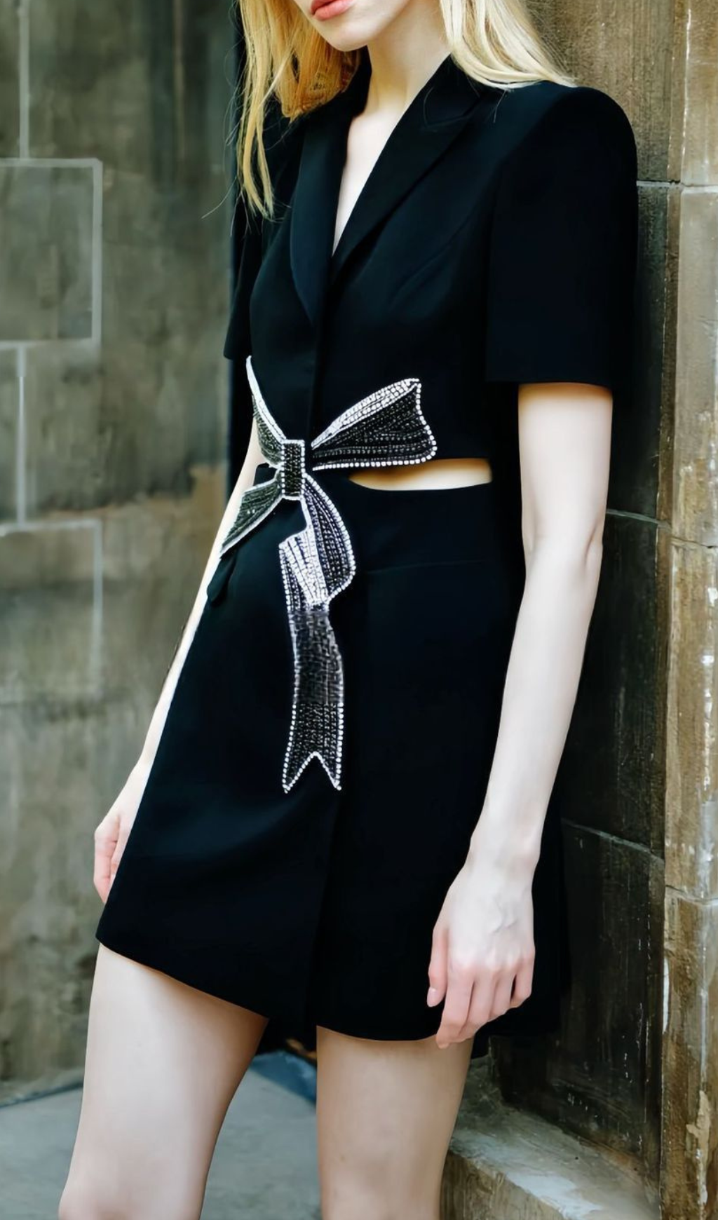 Farida Black Diamante Bow Mini Blazer Dress