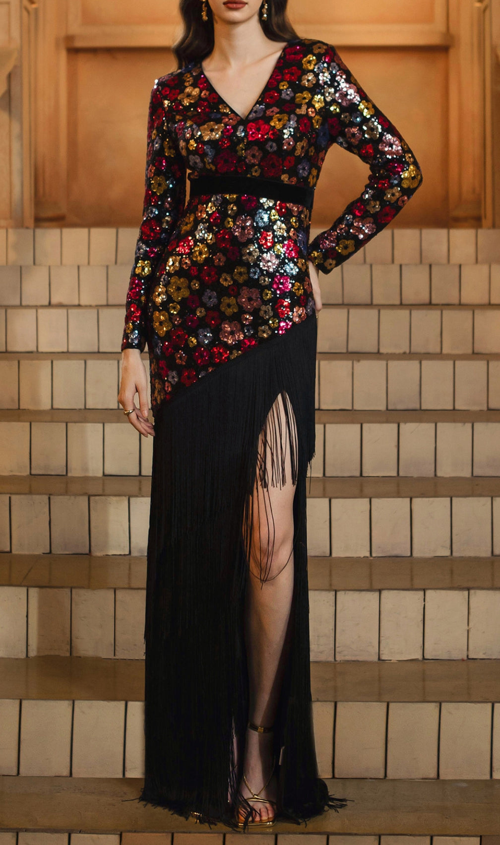 Dimaia Flower Sequin Tassel Long Sleeve Maxi Dress