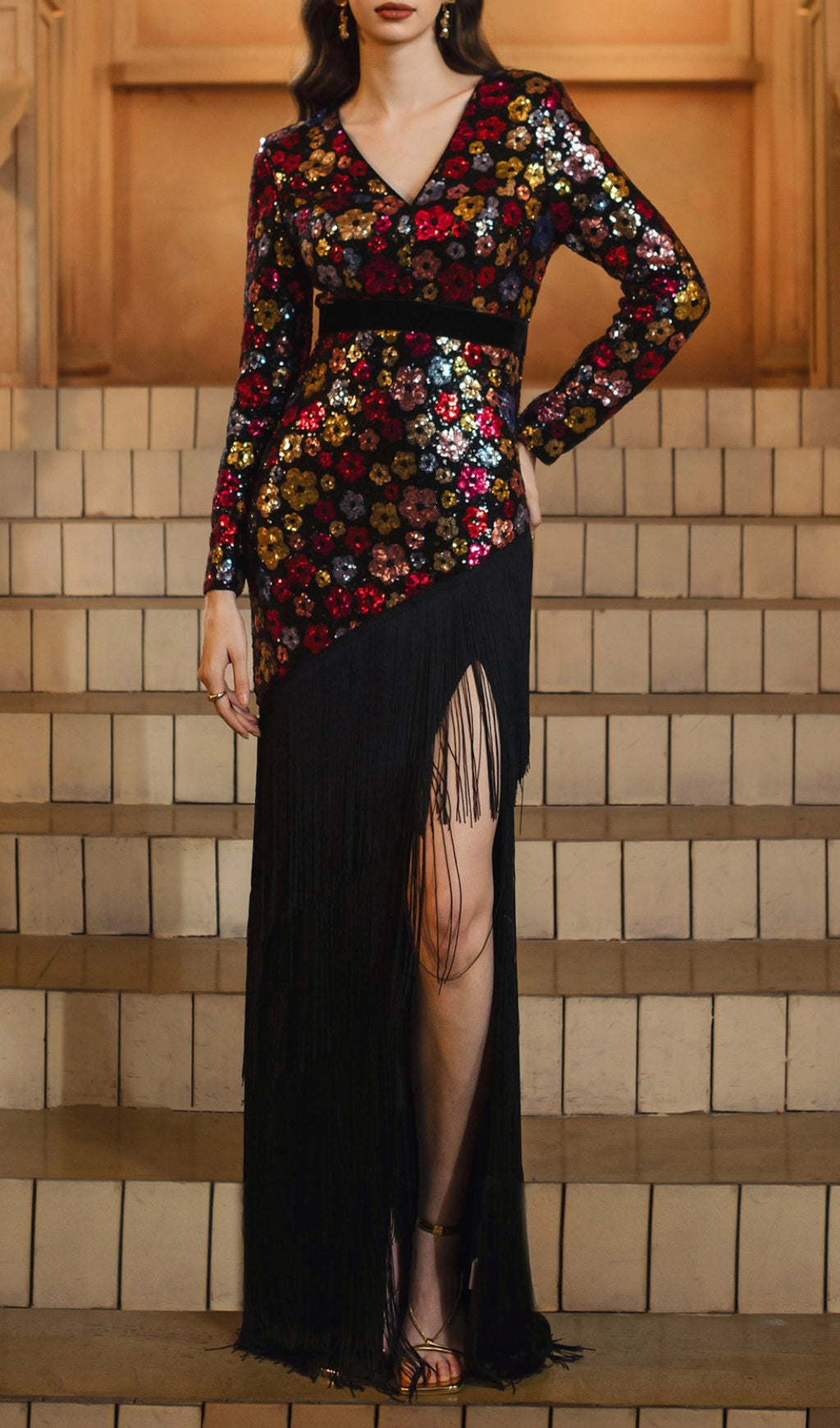 Dimaia Flower Sequin Tassel Long Sleeve Maxi Dress