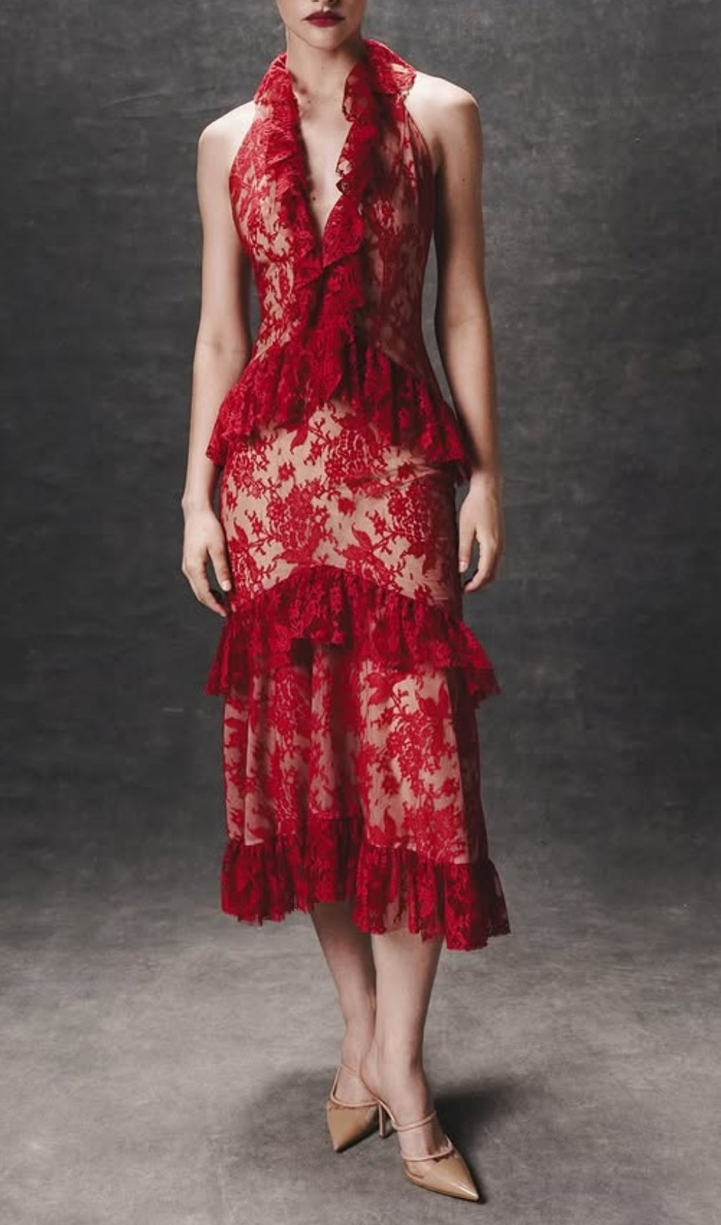 Eavan Red Halter Lace Midi Dress