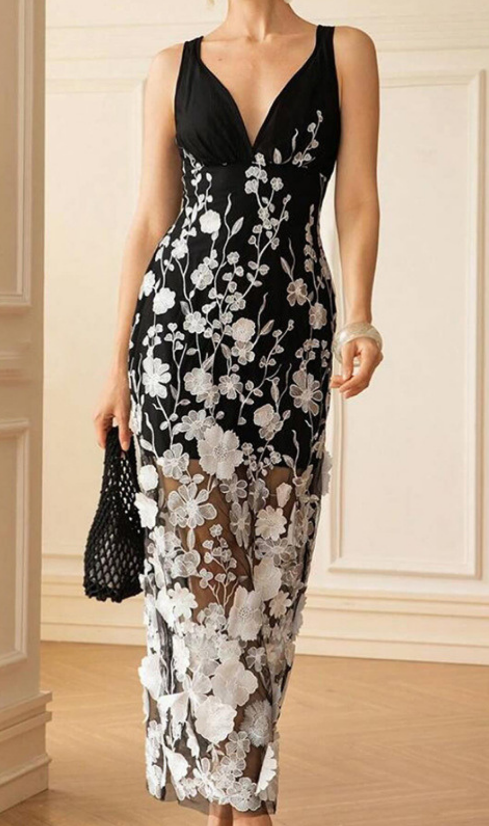 Eolande Black V-Neck Flower Maxi Dress