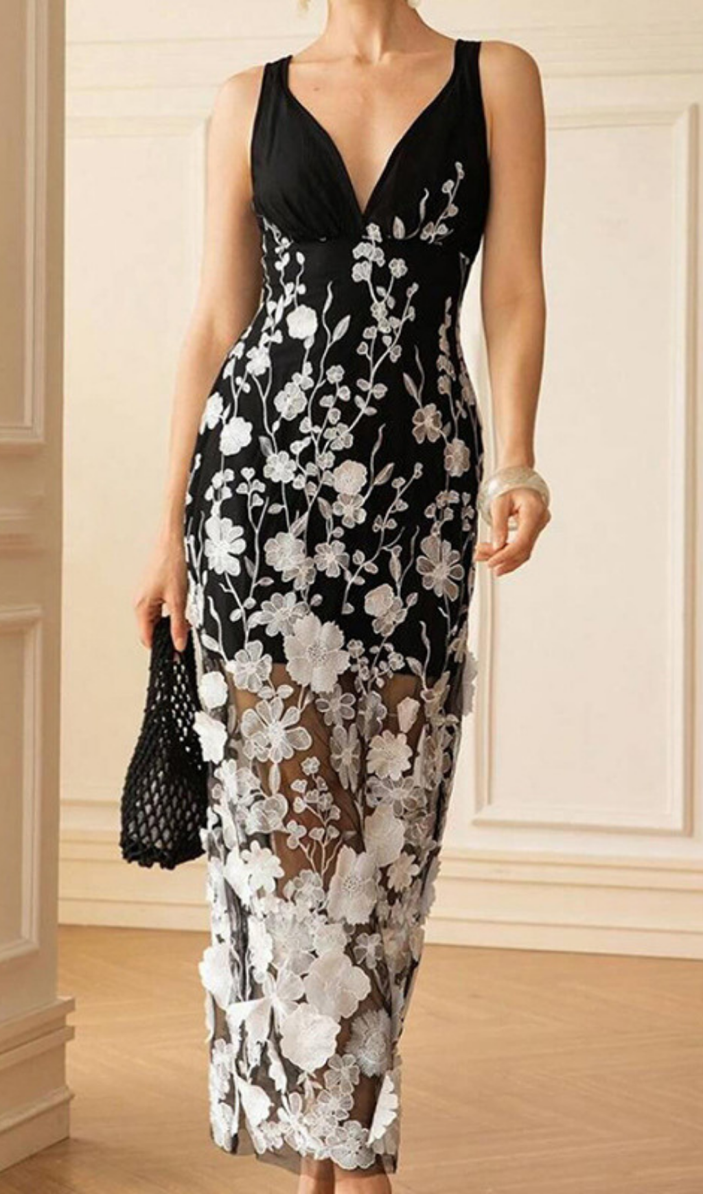 Eolande Black V-Neck Flower Maxi Dress
