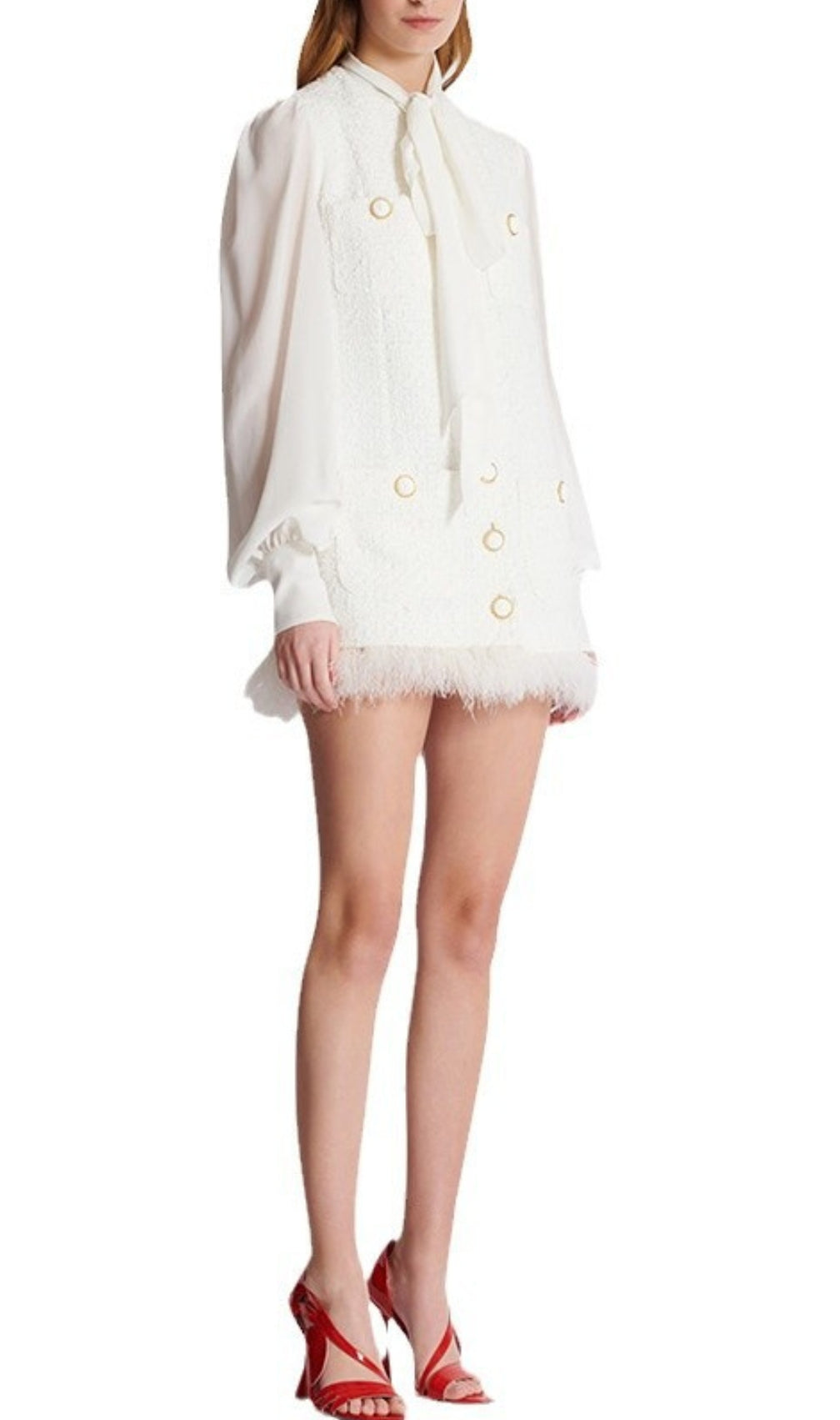 Bush White Feather-Trim Tweed Mini Dress