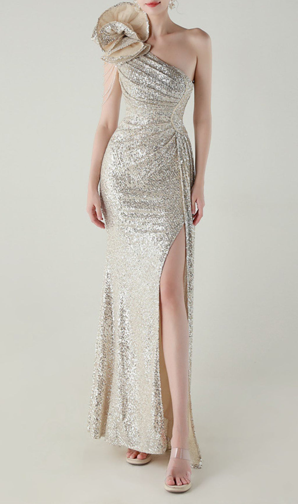 Ikia Silver Sequin One-Shoulder Maxi Dress | Dazzling Formal Gown with Slit