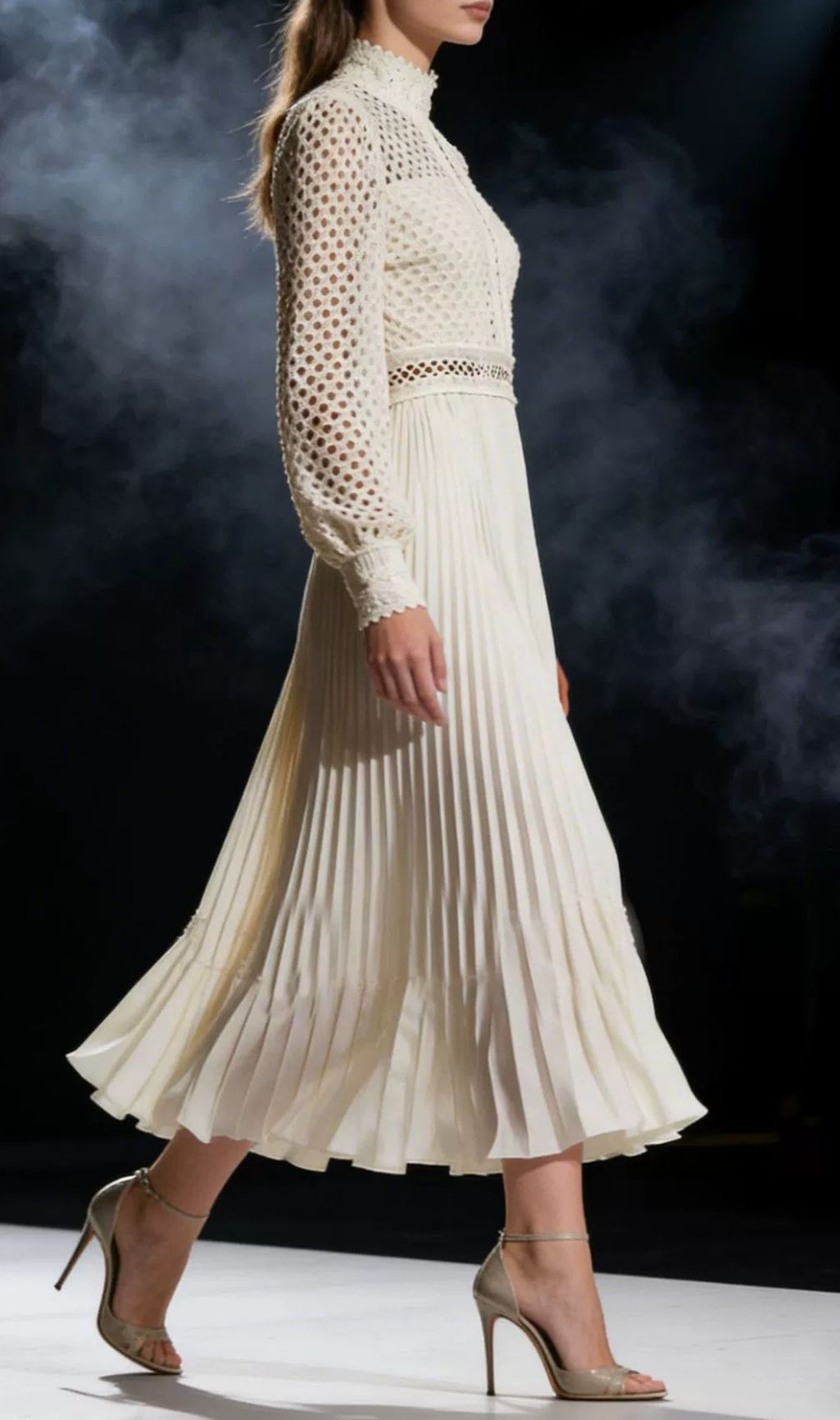 Kally Elegant Lace & Pleated Long Sleeve Midi Dress - Sophisticated Modesty