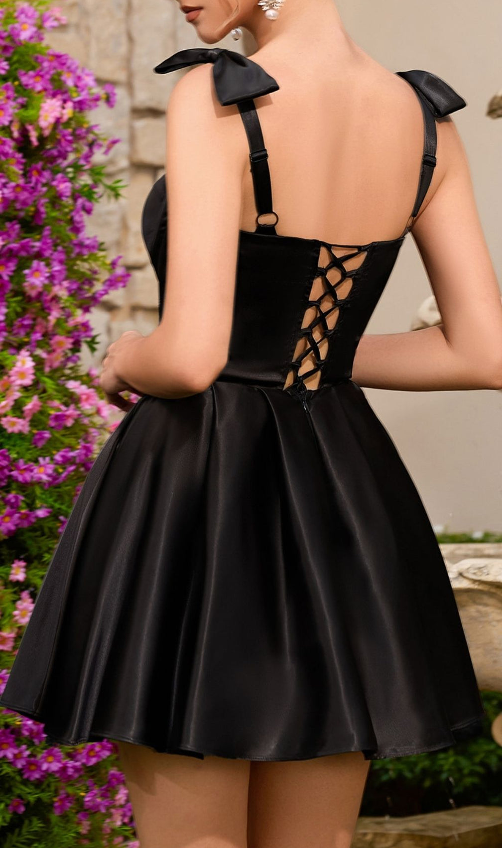 Katsuko Black Bow Strap Corset Mini Dress - Luxe Satin Party & Cocktail