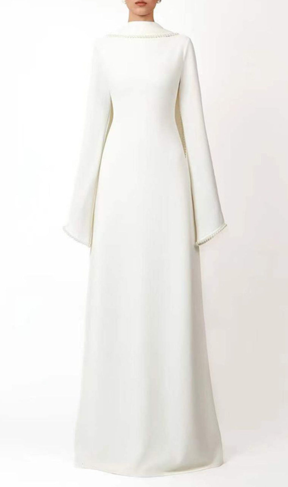 Hidi Shawl Pearl-Trimmed Maxi Dress | Elegant Long Sleeve White Gown