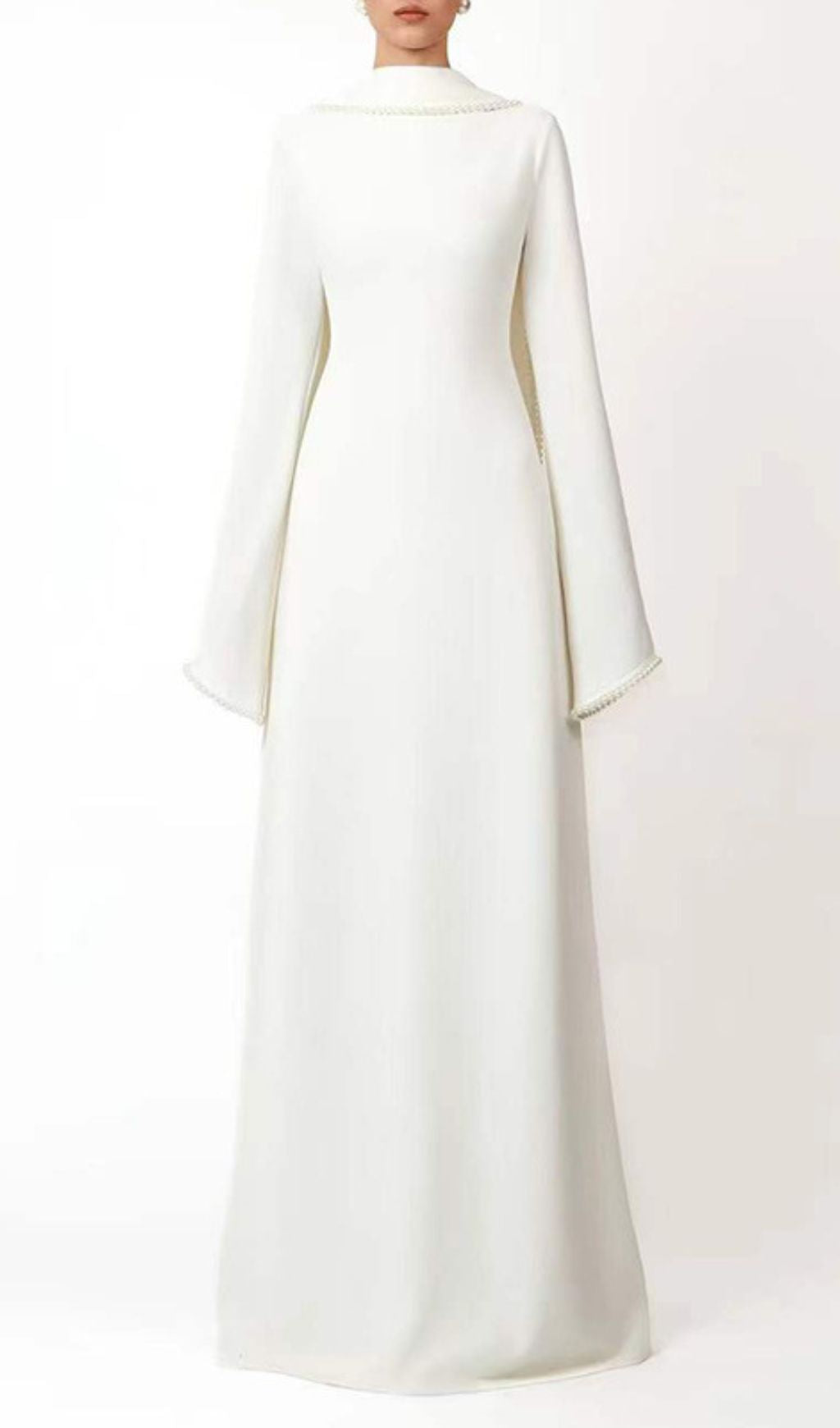 Hidi Shawl Pearl-Trimmed Maxi Dress | Elegant Long Sleeve White Gown