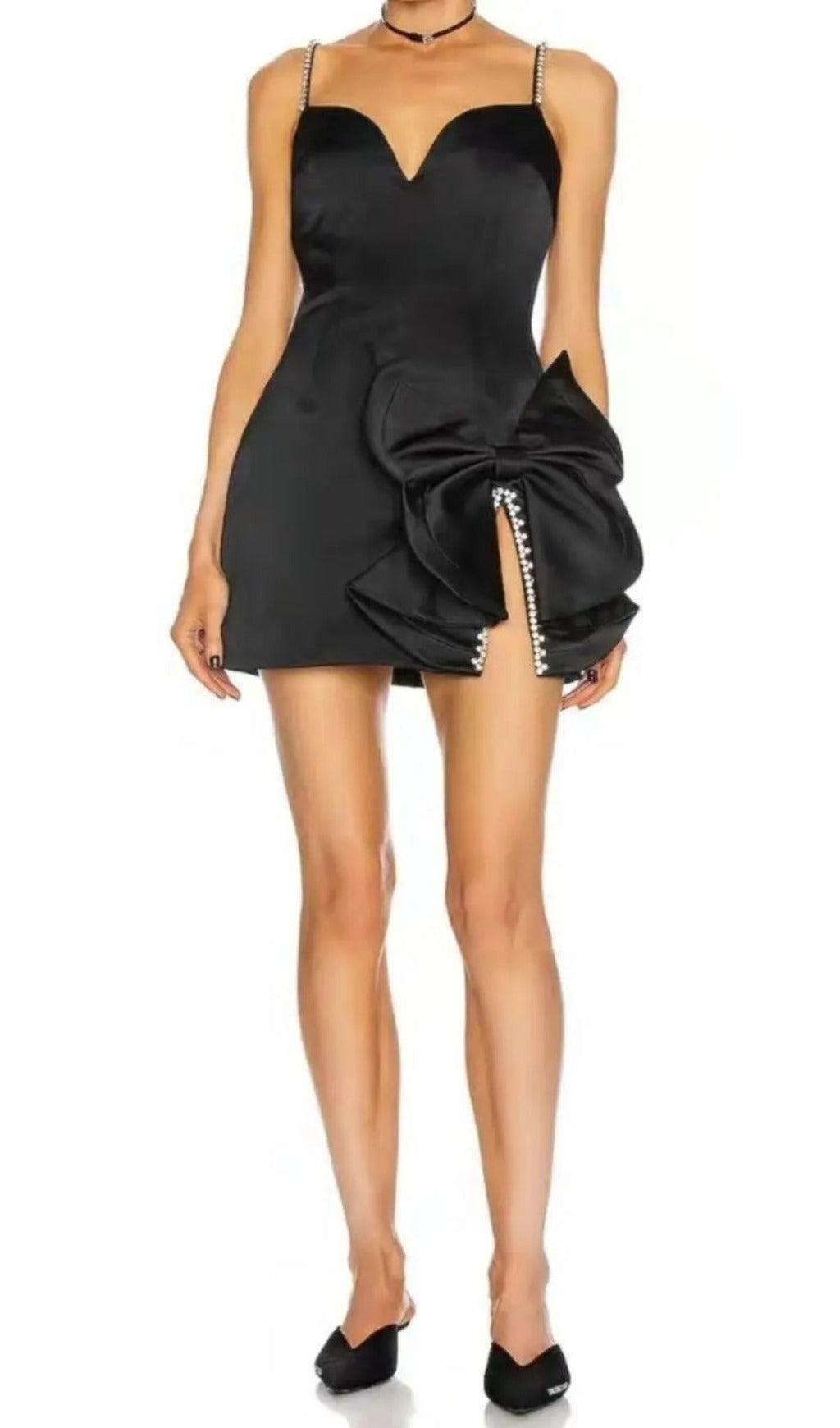 Crystal Bow Mini Dress In Black