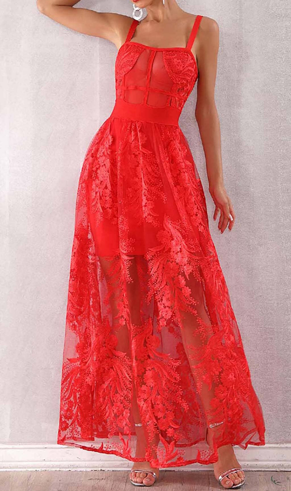 Floral Corset Lace Maix Dress In Red
