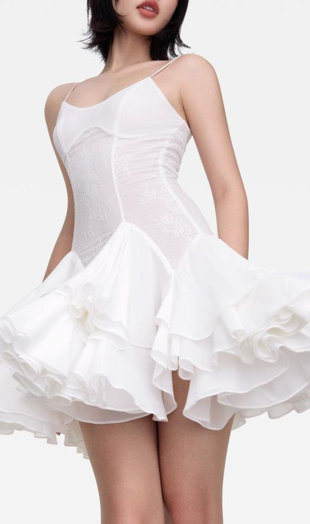 Almis White Lace Ruffle Mini Dress