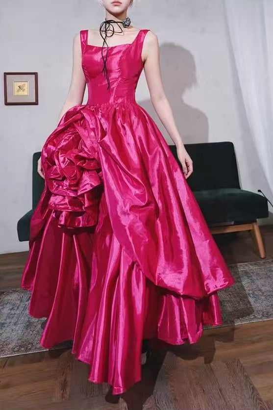 Showstopping Fuchsia Taffeta Ball Gown with 3D Floral Skirt - Square Neck Evening Dress